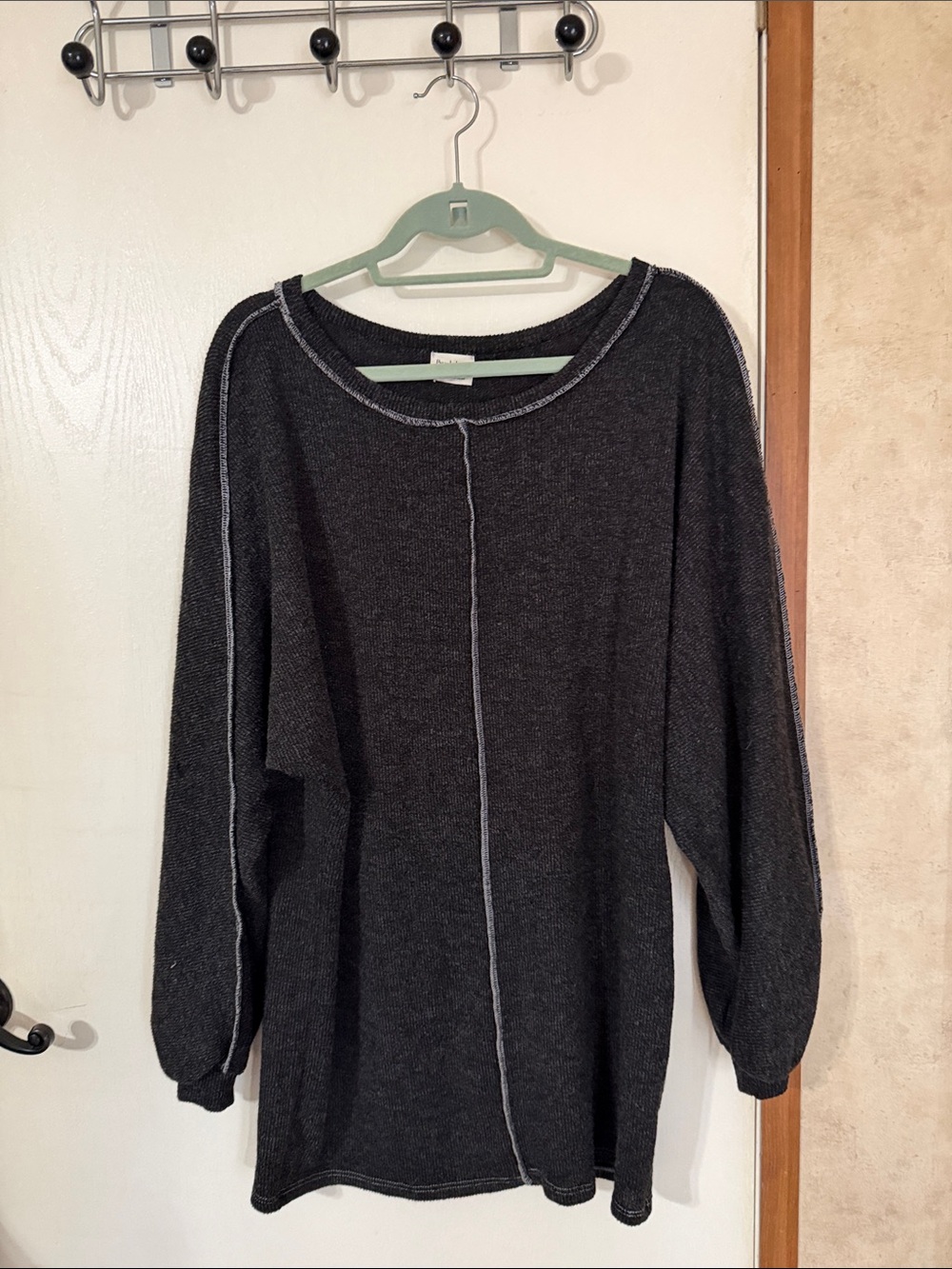 Peach Love California Charcoal Crewneck Sweater with Contrast Stitch